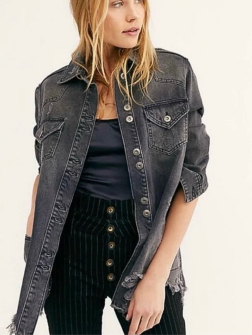 Free People Moonchild Black Denim Jacket XS Excellent Condition